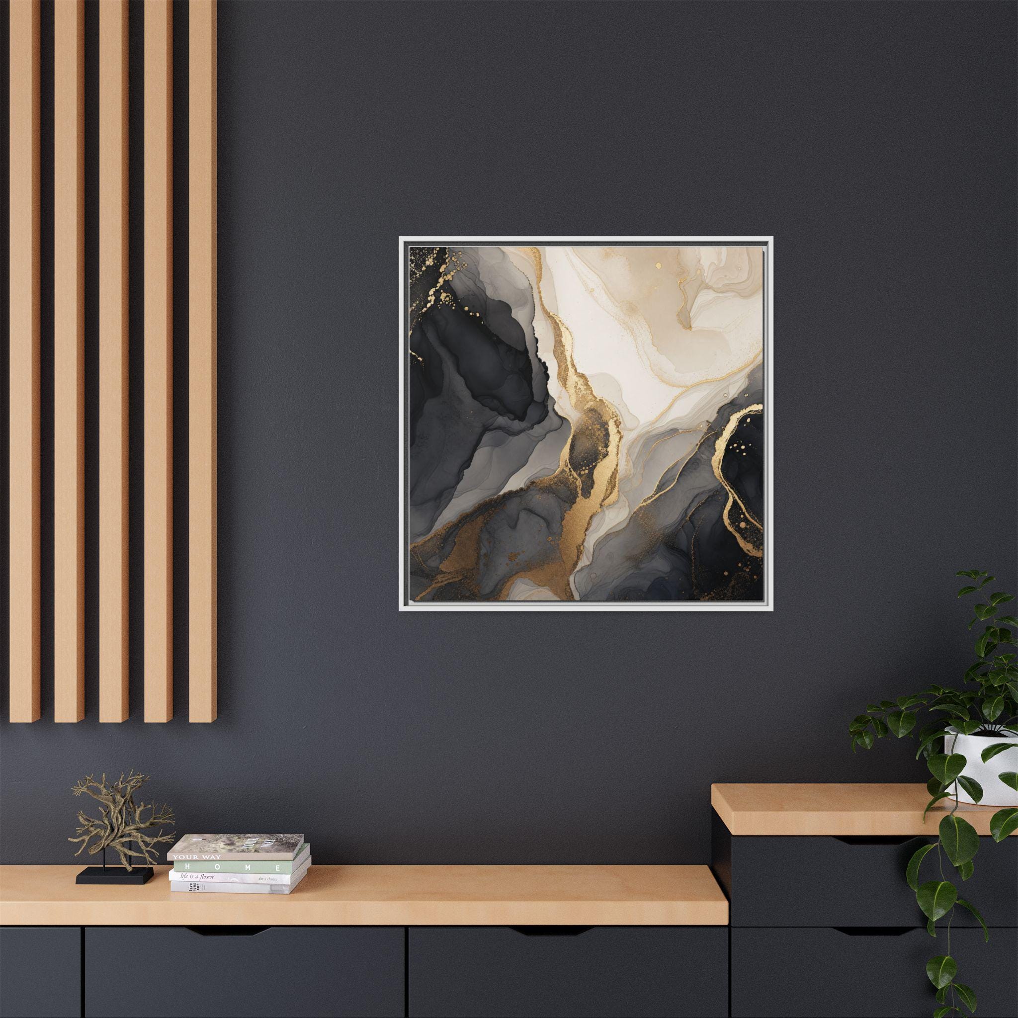 Abstract Marble Gold Veins Matte Canvas Framed | Black White Neutral Wall Art - USANewTrendStore